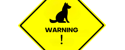 A yellow signing with an image of a dog and a warning sign.