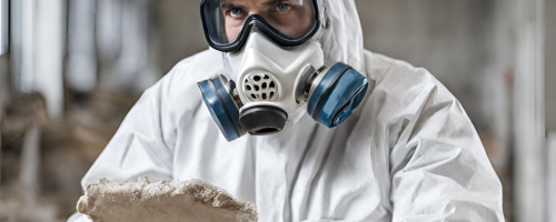 A man wearing a protective suit and mask. He is holding a piece of asbestos.